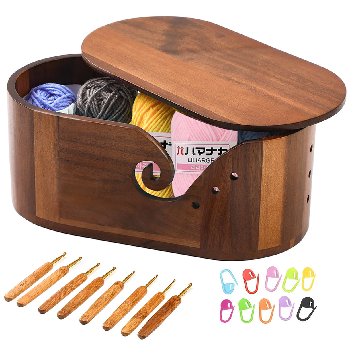 Blinrfilal Large Oval Wooden Yarn Bowls For Knitting , Acacia Yarn Holder ,Double Curling Slot Crochet Yarn Bowl With Lid,Preventing tangles,Ideal Gifts Set For Knitters Blinrfilal