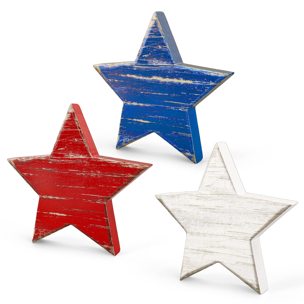 Whaline 4th of July Wooden Star Signs Patriotic Rustic Star Shape Tiered Tray Decor Red Blue White Wood Star Blocks Retro Freestanding Table Signs for Independence Day Farmhouse Home Decor, 3Pcs Whaline