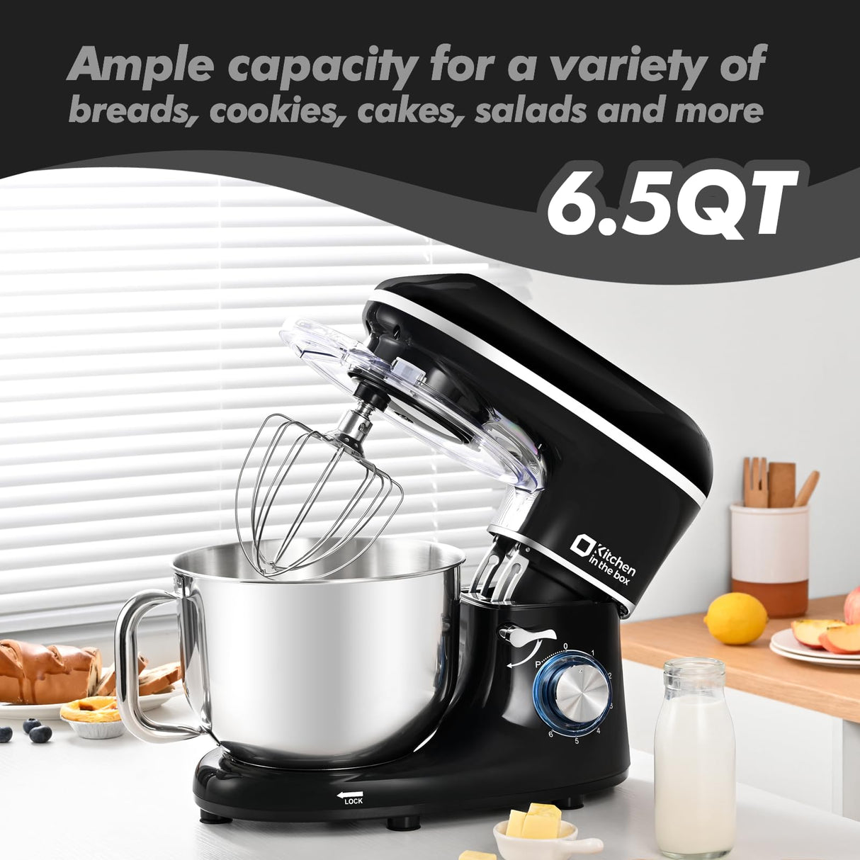 Kitchen in the box Stand Mixer, 6.5QT 660W Electric Kitchen Mixer, 6-Speed Tilt-Head Food Mixer with Dough Hook, Wire Whip, Beater, Dishwasher Safe (Black) Kitchen in the box