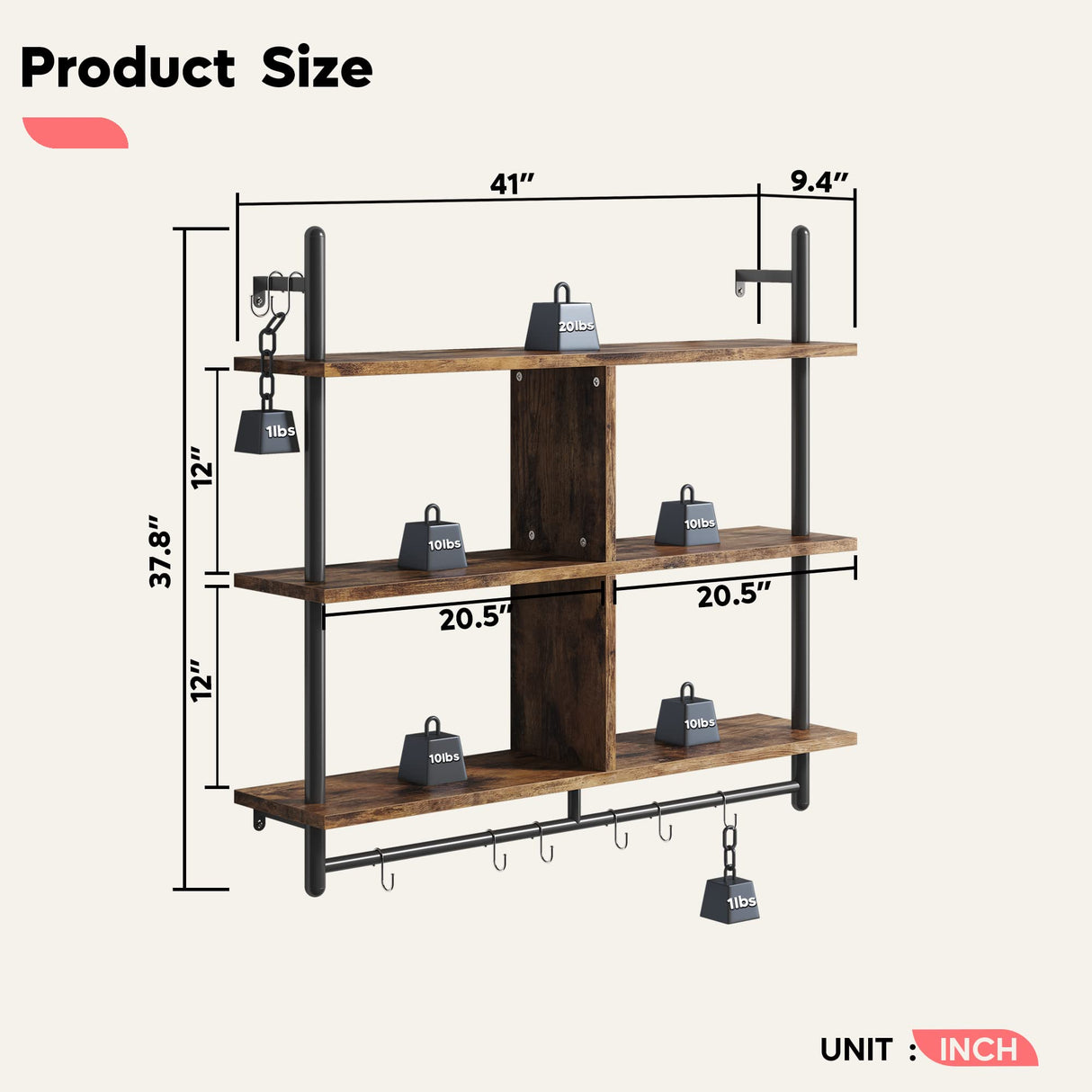 Bestier 3-Tier Rustic Brown Floating Pipe Shelving Unit for Kitchen and Living Room Bestier
