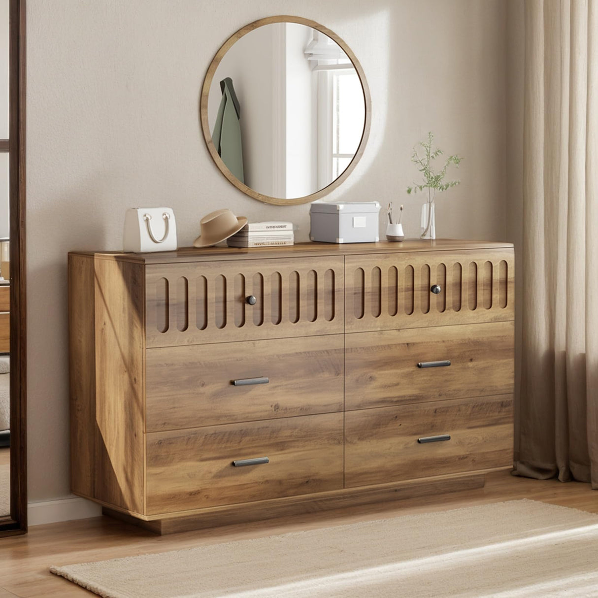 IBF Farmhouse Dresser for Bedroom Modern 6 Drawer Dresser Fluted Chest of Drawers Large Wood Closet Dressers with Anti-Tipping Design for Bedroom, Living Room, Hallway, Entryway, Nursery, Rustic Oak IBF