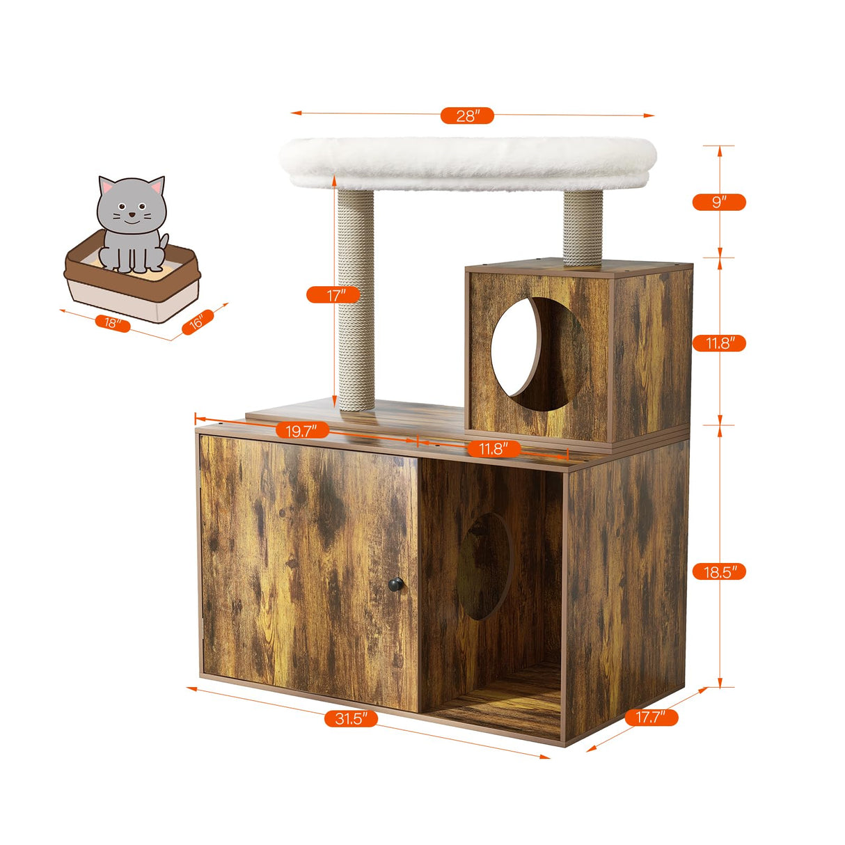YOCAN Multi-Functional Cat Tree with Litter Box Enclosure, Wooden Apartment with Scratching Post, Modern Style Cat Tree Furniture with Hidden Tower, Cat House Furniture (Brown, L:31.5'') YOCAN