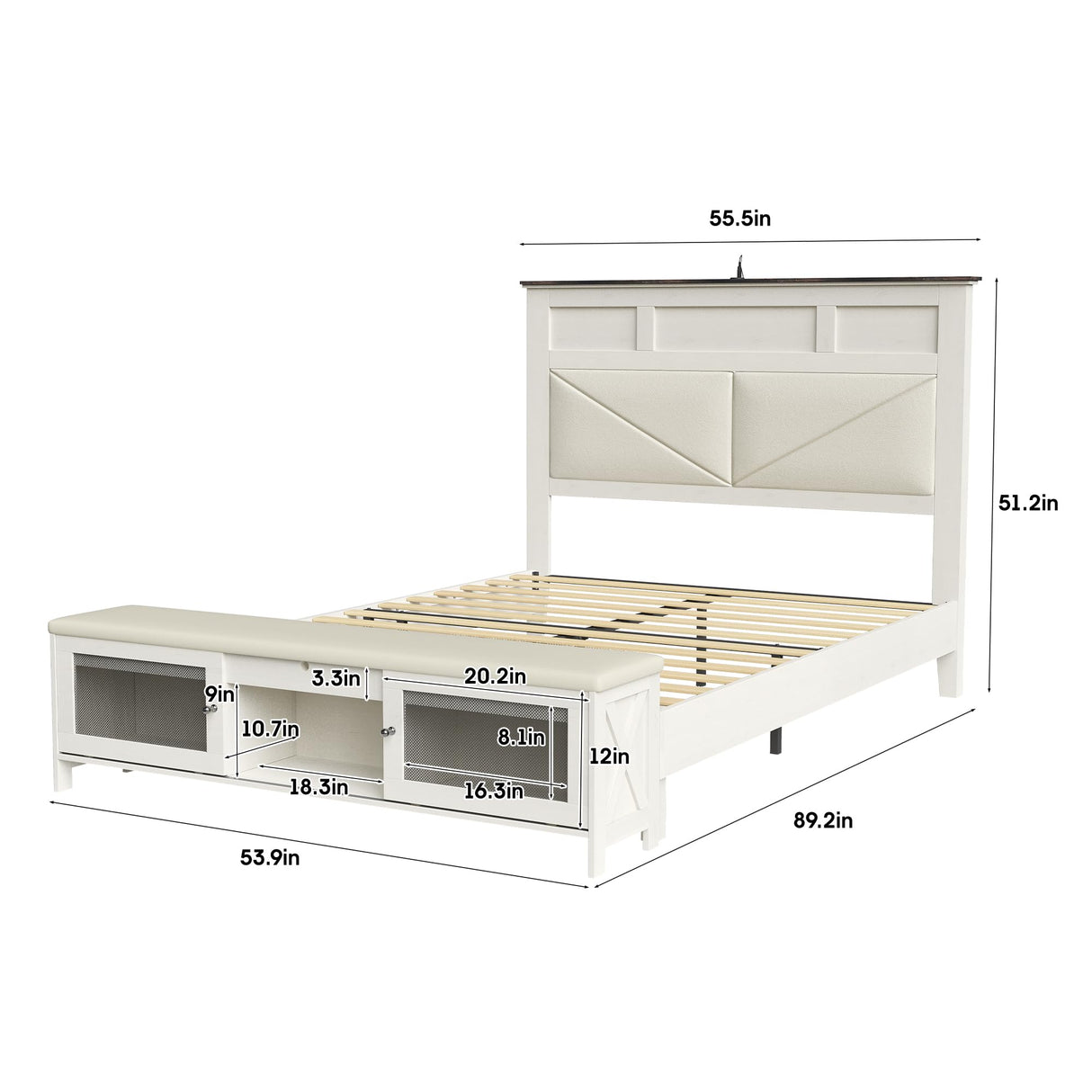 Halitaa Farmhouse Full Bed Frame with Storage, Full Size Bed Frame with 51" Tall Headboard & Charging Station,Wood Platform Bedframe with Led Lights & Storage Bench, No Box Spring Needed,White Halitaa
