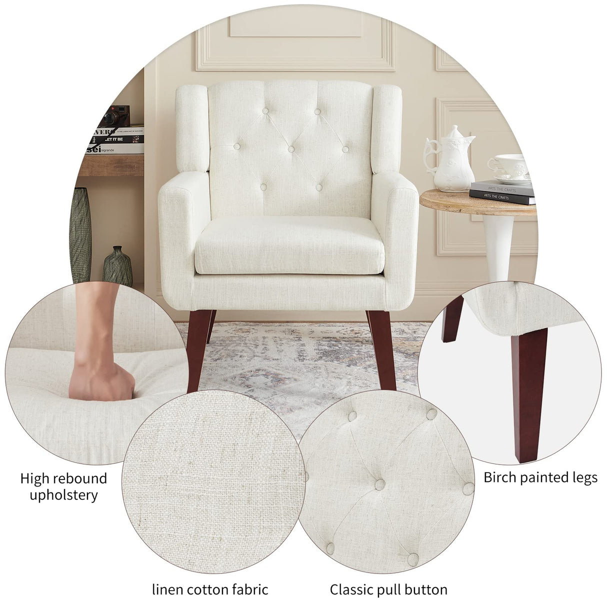 Accent Reading Chair Button-Tufted Upholstered Comfy Mid Century Modern Chair with Linen Fabric Lounge Arm Chairs for Living Room Bedroom (Beige) Living&Giving