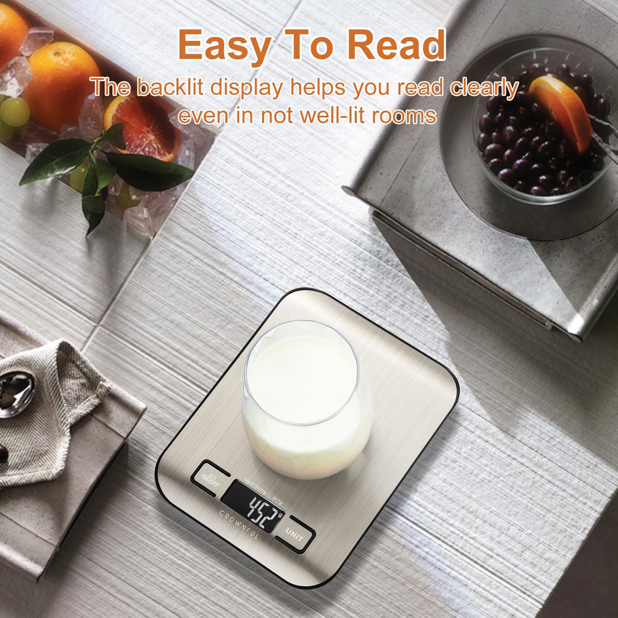 CROWNFUL Food Scale, 11 lb Digital Kitchen Scales with Built-in Coin Battery, Weight Ounces and Grams for Cooking and Baking, 6 Units with Tare Function, LCD Display, 304 Stainless Steel CROWNFUL