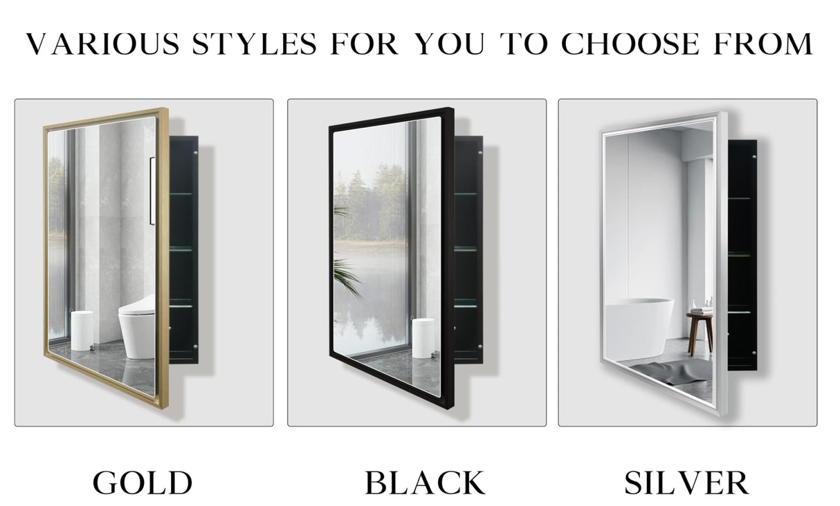 FOMAYKO Modern Medicine Cabinet Mirror Storage for Bathroom Bedroom Surface/Recessed Mount with 3 Shelves (16"x26", Brushed Silver) FOMAYKO