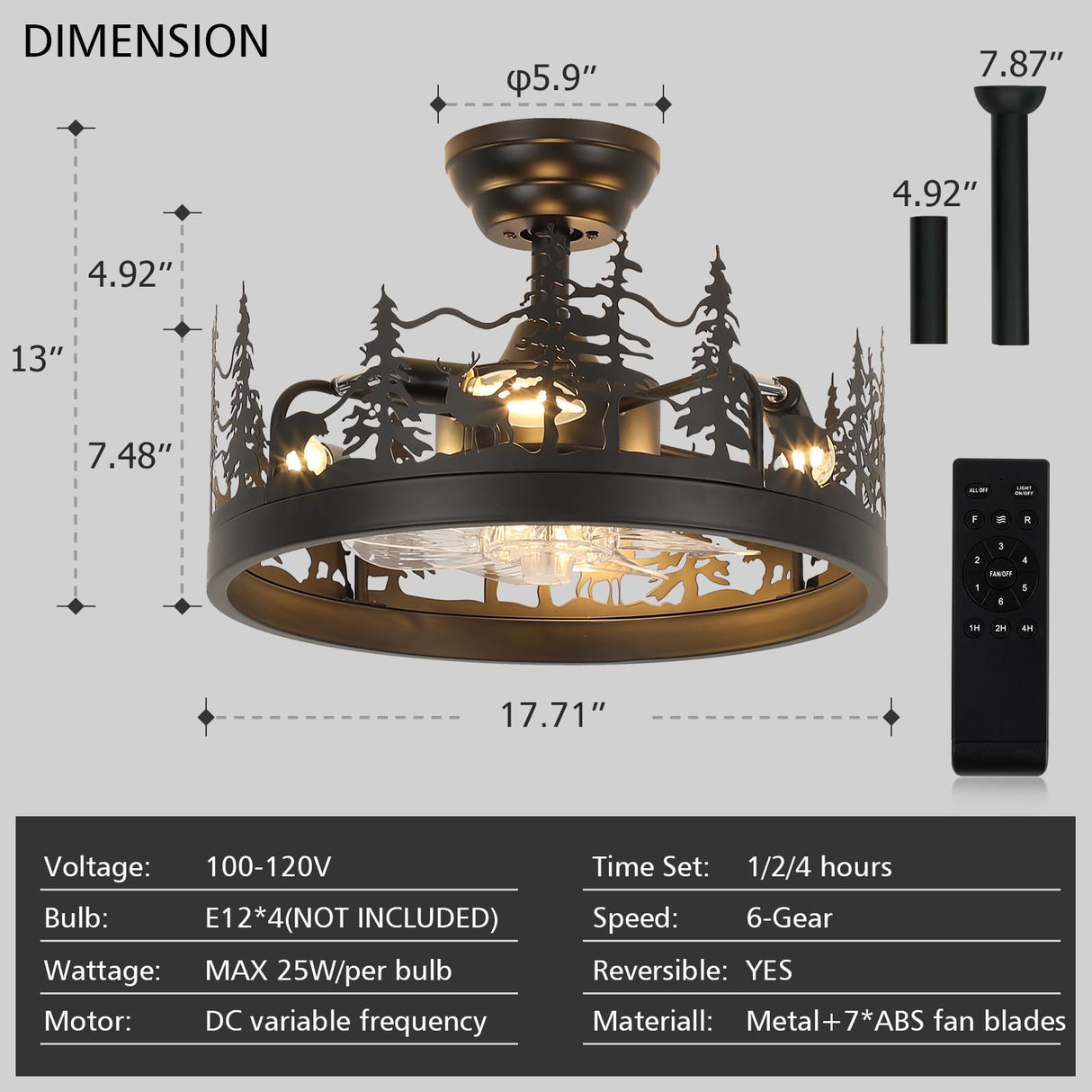 Farmhouse Rustic Ceiling Fan with Light and Remote, Black Chandelier Fan with Bear and Deer Design, Adjustable Height, Rustic Chandeliers for Living Room, Bedroom, Hallway, Entryway Lighting Merexcint