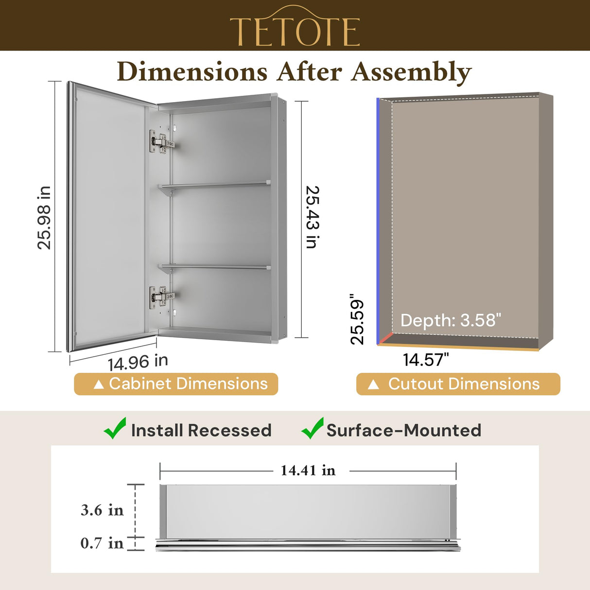 TETOTE 15 x 26 Bathroom Mirror with Storage with Tempered Beveled Mirror Silver Medicine Cabinet Aluminum Cabinet DTC Hinges, Stepless Adjustable Shelves, Recessed/Surface-Mounted TETOTE