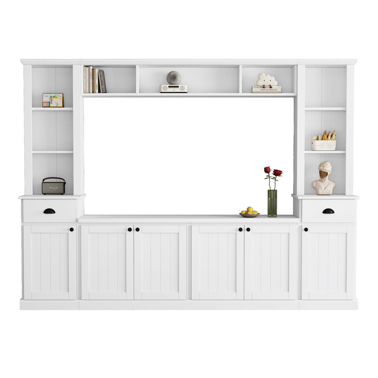 LUMISOL Modern Entertainment Wall Unit Set with Bridge for TVs Up to 75”, TV Stand Console Table with Adjustable Shelves, Large Media Console with Wine Cabinet, for Living Room, White LUMISOL