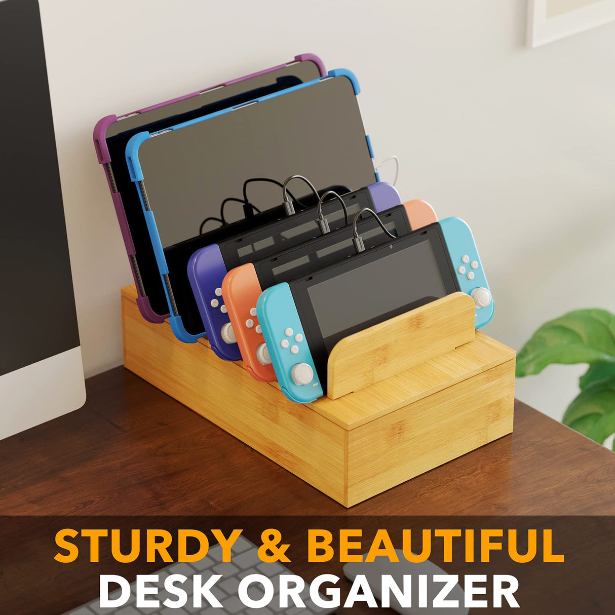 SpaceAid Bamboo Charging Station for Multiple Devices, Cell Phone Docking Stations for Multi Laptop, Tablets and iPads, Nightstand Bedside Desk Device Charger Organizer (Natural) SpaceAid