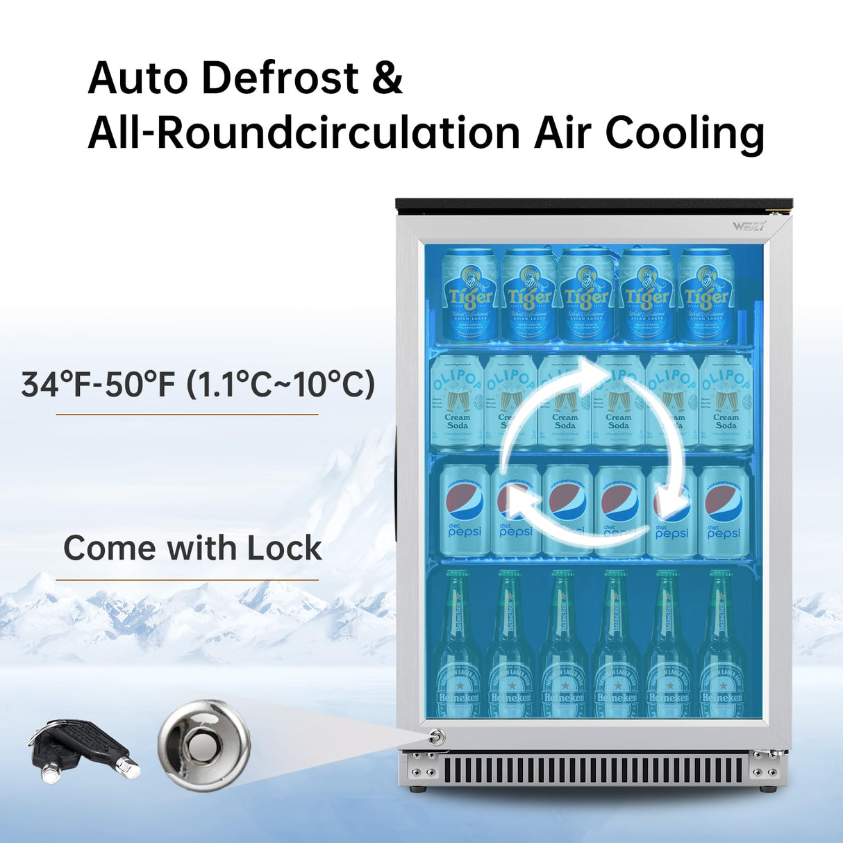 Weili 20 Inch Built in Beverage Refrigerator with Lock, Under Counter or Freestanding 120 Can Soda Beer Drink Cooler Fridge with Stainless Steel and Glass Door Weili