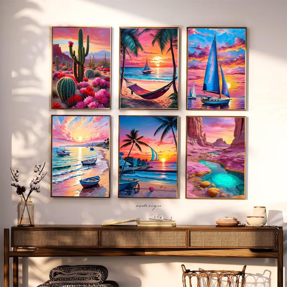 T.HENV Diamond Art Kits for Adults, 6 Packs Summer Beach Daimond Paint by Numbers Kit for Adults, 5D DIY Diamond Painting Kit, Crystal Gem Art Kits for Home Wall Deacor, Living or Bedroom, 12x16 inch T.HENV