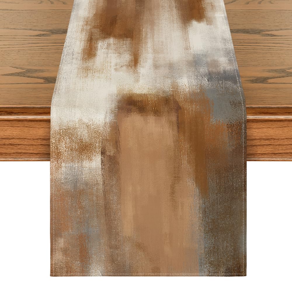Artoid Mode Brown Abstract Modern Art Table Runner, Seasonal Farmhouse Style Kitchen Dining Table Decoration for Home Party Decor 13x72 Inch Artoid Mode