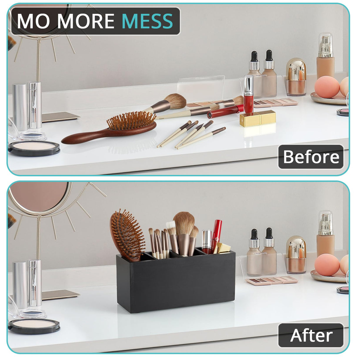 Bivvclaz Pencil Pen Holder for Desk, Wooden Office Desk Organizers and Accessories with 4 Slots for Countertop, Makeup Brush Holder Organizer for Bathroom Vanity, Silverware Caddy for Party, Black Bivvclaz