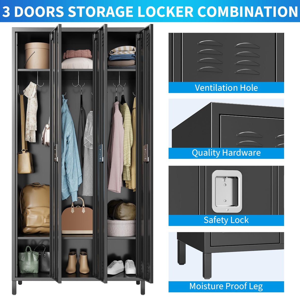 Loumernhant 72" Tall Metal Garage Storage Cabinets with Safety Lock,3 Doors Storage Lockers Combination,Metal Lockers Perfect for Homes,Gyms,Factories,Offices,Warehouses,Garage.Black. Loumernhant