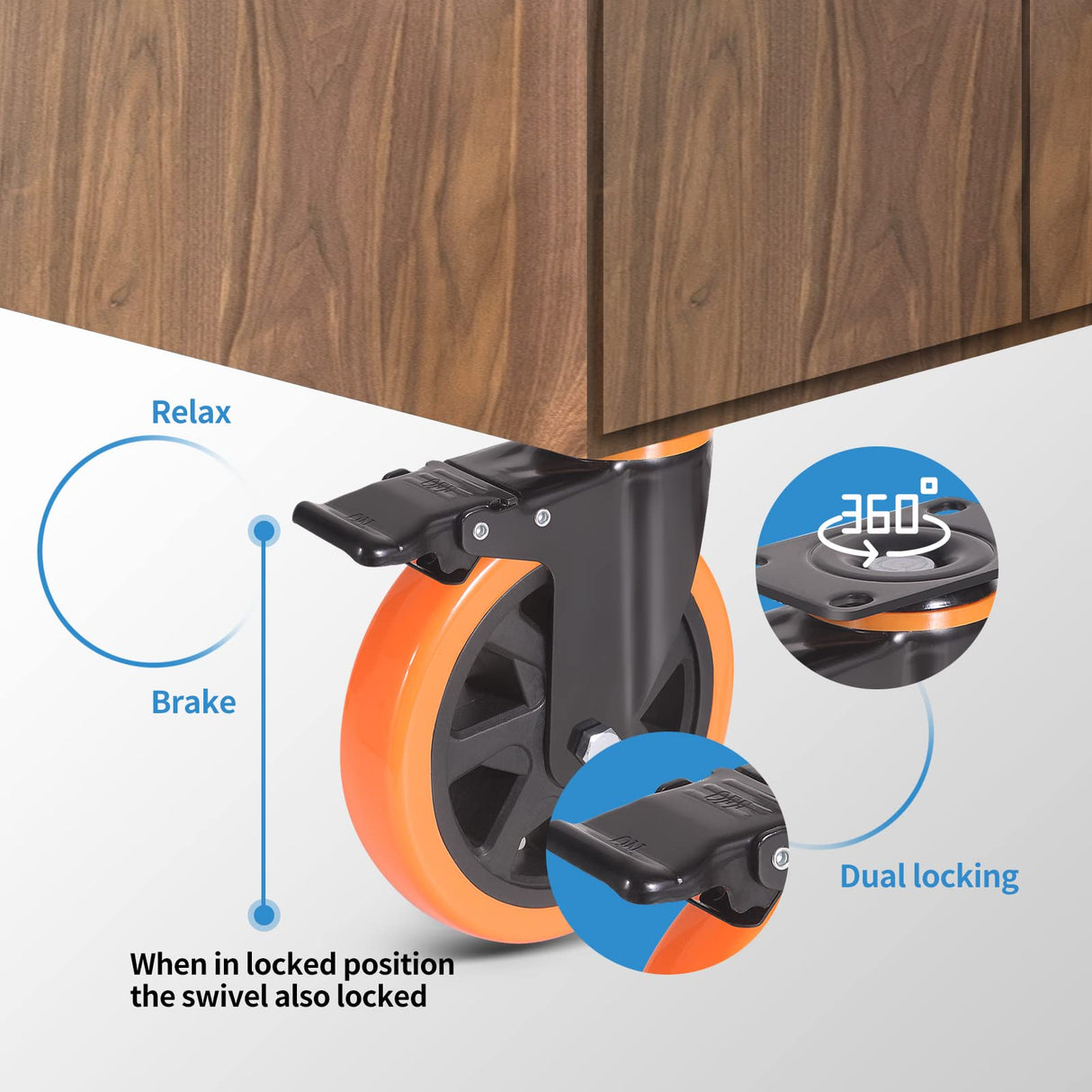 6 Inch Caster Wheels 3000 Lbs, Heavy Duty Casters Set of 4 with Brake, Safety Dual Plate Locking Industrial Casters, Silent Wheels for Cart with Polyurethane Foam (Two Hardware Kits Included) ENYKE