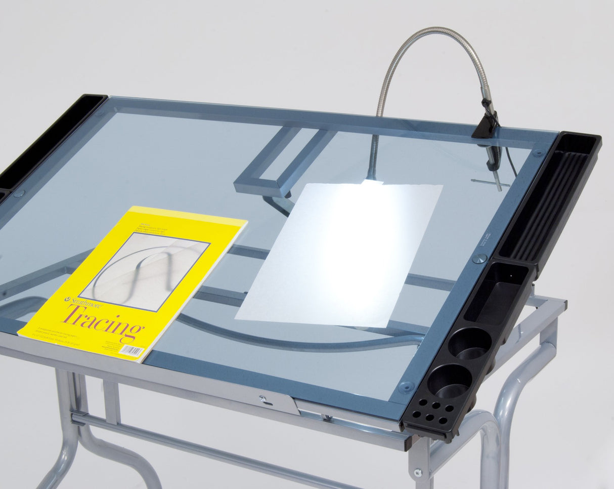 Studio Designs Folding Modern Glass Top Adjustable Drafting Table Craft Table Drawing Desk Hobby Table Writing Desk Studio Desk, 35.25" W x 23.75" D, Silver / Blue Glass SD STUDIO DESIGNS