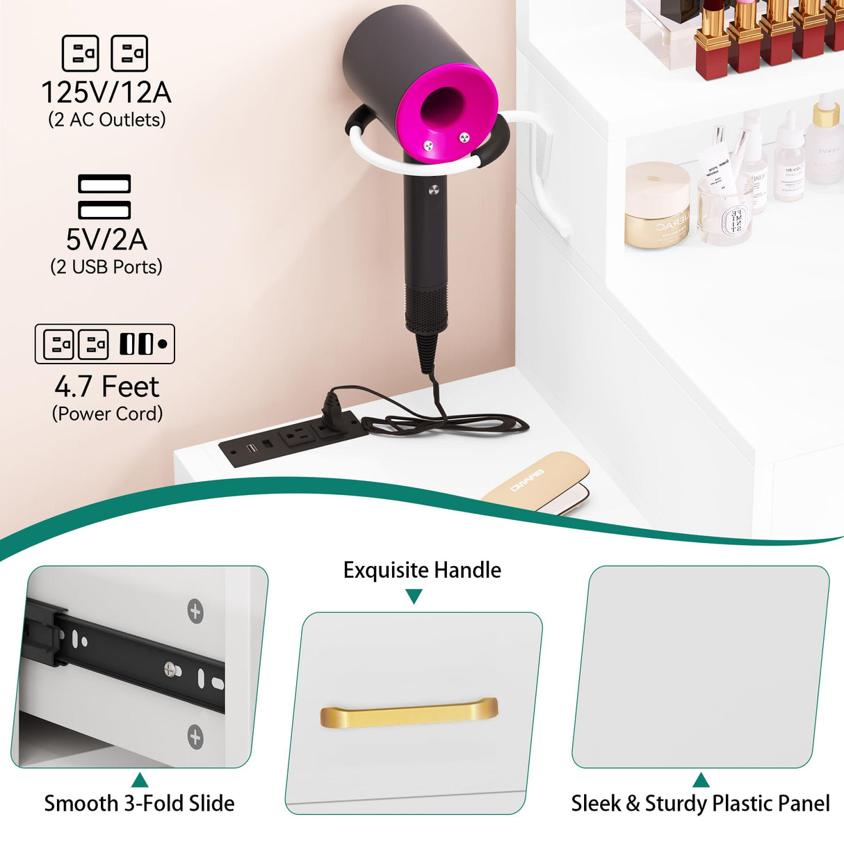 YITAHOME Vanity Desk with Mirror and Lights, Makeup Vanity Table with Power Outlet, Drawers, Vanity Table Set, 3 Lighting Modes Brightness Adjustable, Bedroom (White) YITAHOME