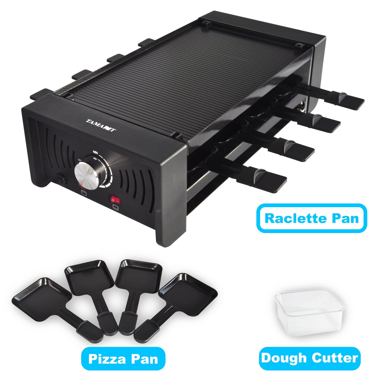 TAMARIT Raclette Party Grill Portable Indoor Electric Korean BBQ Grill 2 in 1 Raclette Table Grill with Ceramic Nonstick Coating Grill Plate 4 Pizza Pans 8 Cheese Trays Upper & Lower Heater,PFAS-No Tamarit
