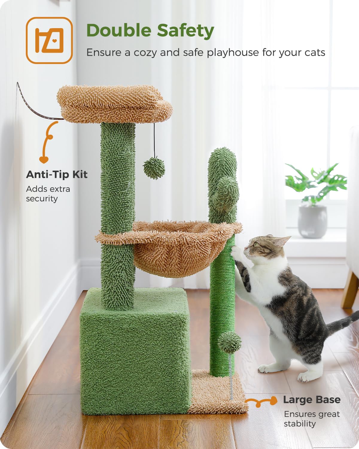 PEQULTI 4-in-1 Cactus Cat Tree, 33'' Cat Tower for Indoor Cats with Large Condo, Cat Scratching Post for Cats with Deep Hammock& Cozy Top Perch,Green PEQULTI