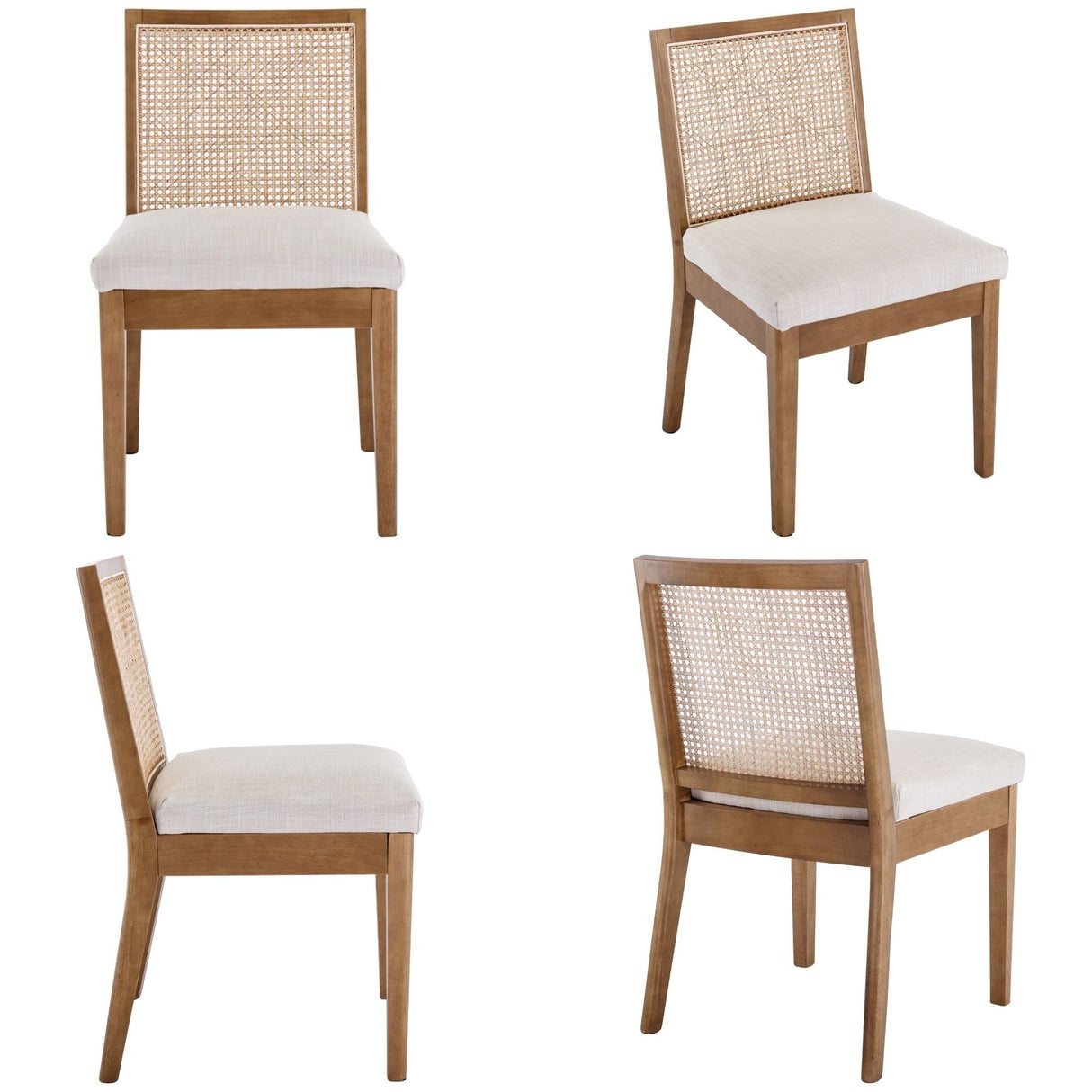 BESTANO Rattan Dining Chairs Set of 4 Natural Wooden Dining Room Chairs Rectangle Cane Country Kitchen Chairs Linen Upholstered Dining Chairs, Cream BESTANO