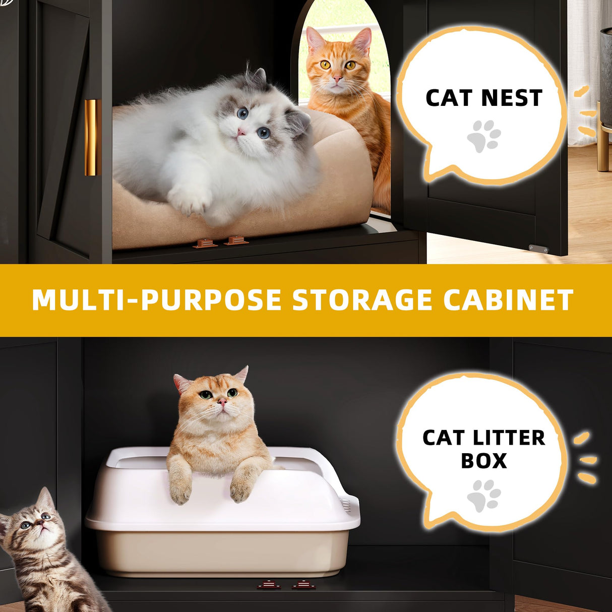 Homiflex Cat Litter Box Enclosure, Wooden Litter Box Furniture with Game Area, Cat Washroom with Barn Door, Indoor Pet House, Fit Most of Litter Box, Black Homiflex