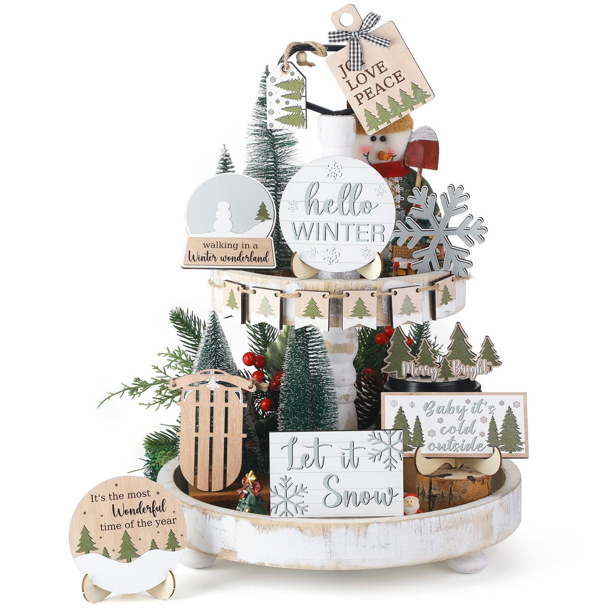 Thyle 16 Pcs Winter Tiered Tray Decor Set Christmas Tiered Tray Decor Hello Winter Snowman Snowflakes Wooden Sign Let It Snow Table Decorations Rustic Farmhouse Ornament for Table Home Kitchen Gift Thyle