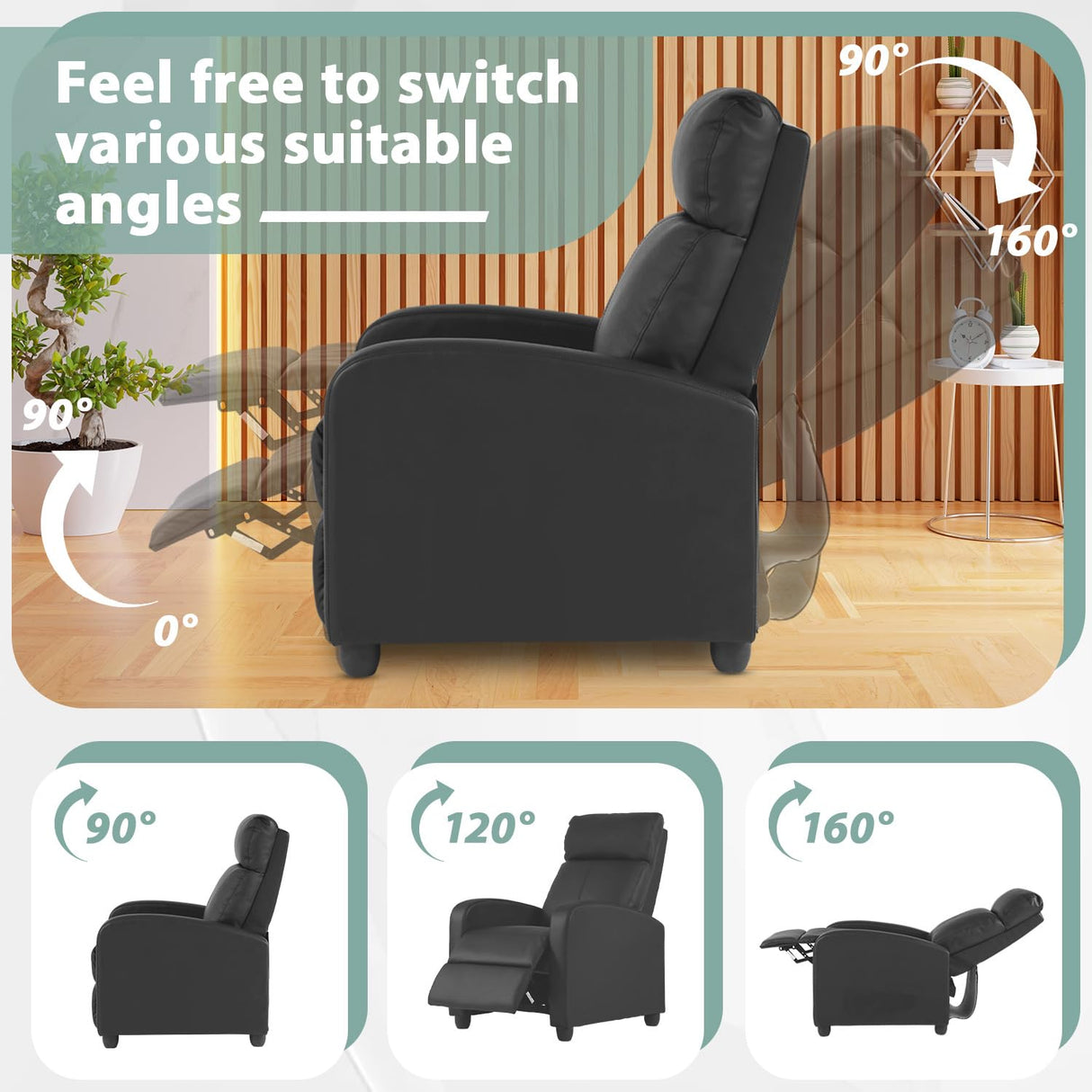 Ruesleag Recliner Chair Recliner Sofa Modern Reclining Chair w/Footrest Backrest Breathable Padded PU Leather Single Sofa Home Theater Seating Reclining Easy Lounge for Living Room Bedroom,Black Ruesleag