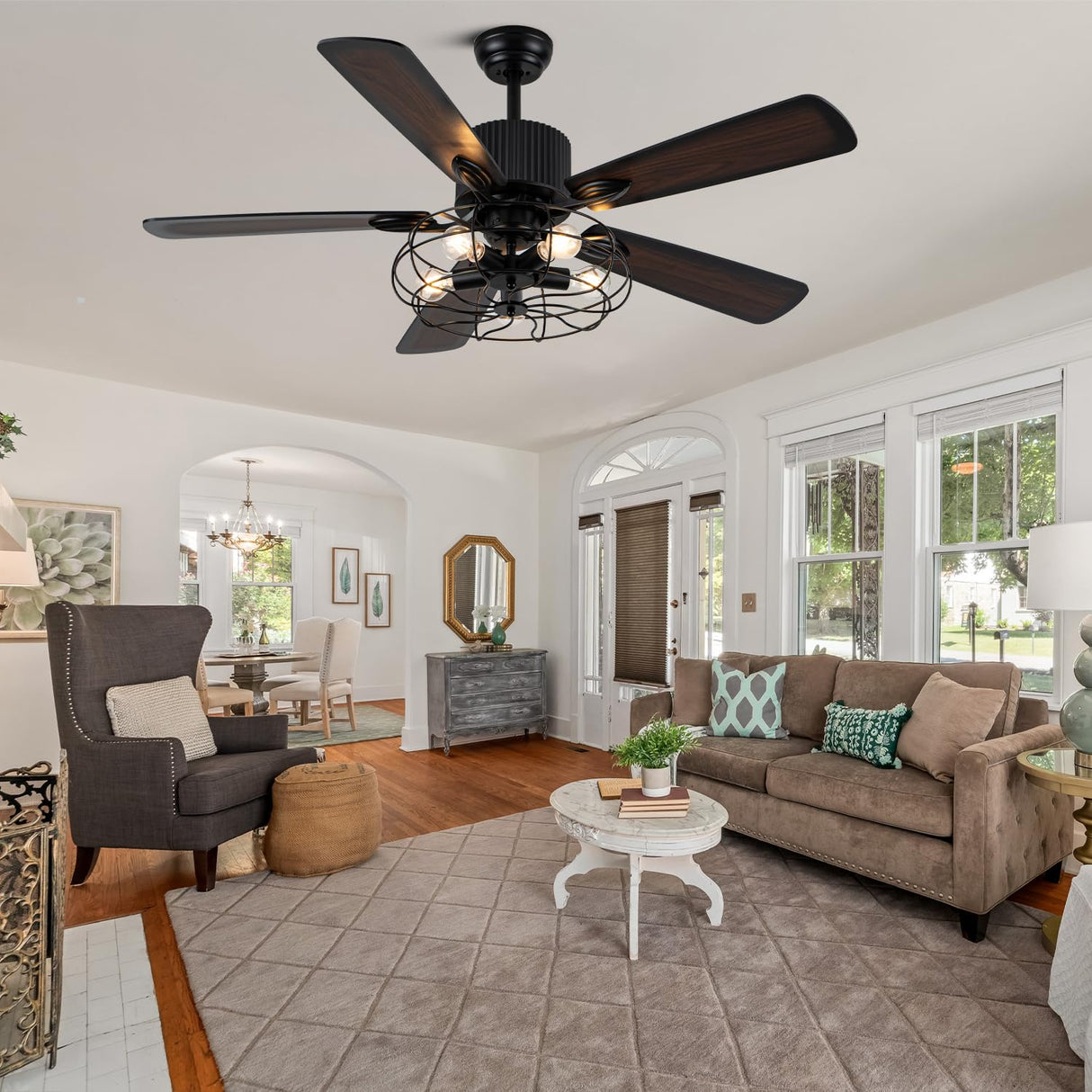 Curve Curio 52 Inch Farmhouse Ceiling Fan with Light Black Rustic Ceiling Fan Quiet and Reversible DC Motor Caged Chandelier Fan for Living Room Bedroom Patio Curve Curio