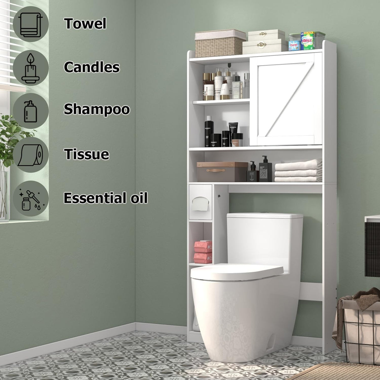 LINLUX Over The Toilet Storage Cabinet, Farmhouse Storage Cabinet Over Toilet with 2 Sliding Doors, Home Space-Saving Toilet Rack for Bathroom, Laundry, White LINLUX