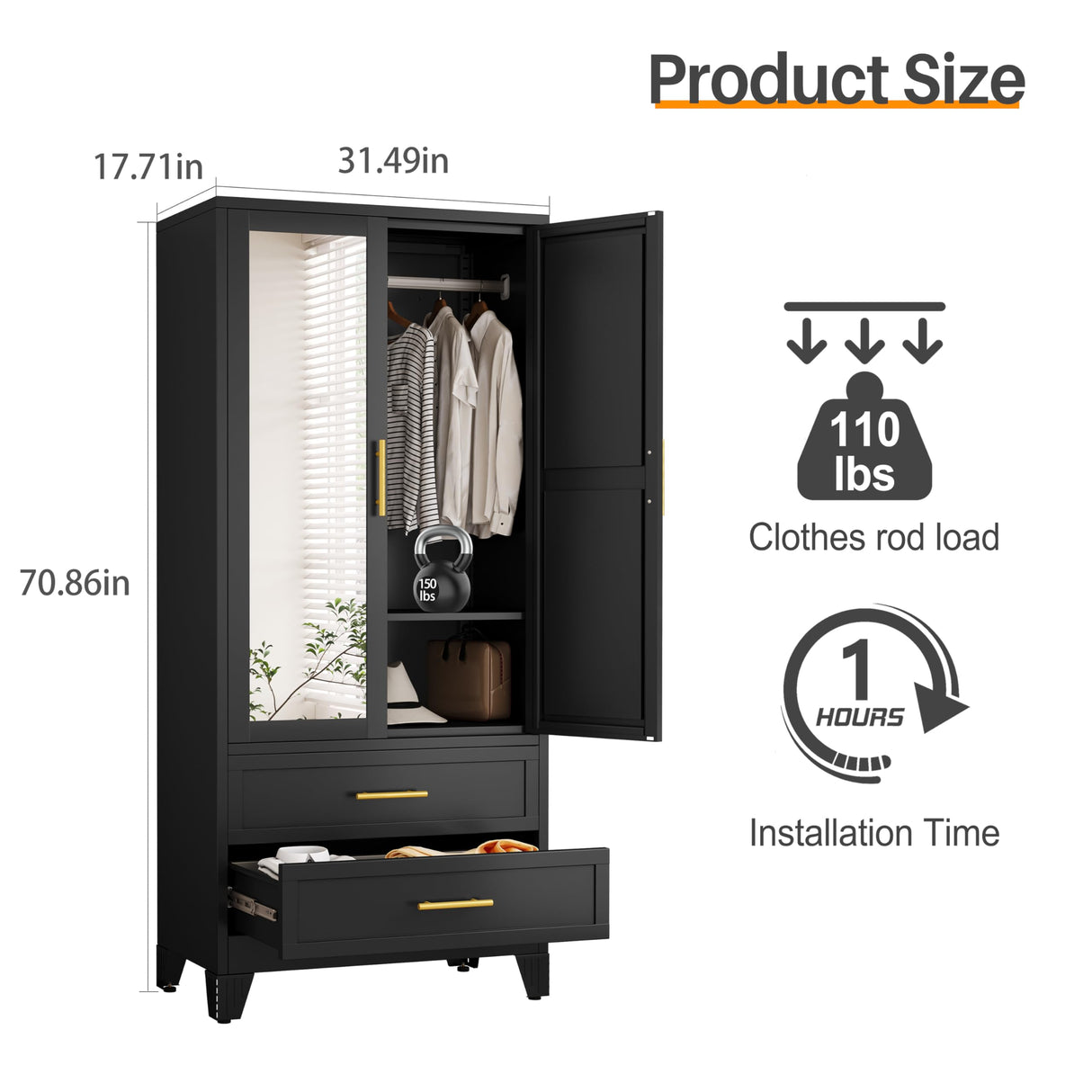 RIETERN Metal Armoire Wardrobe Closet, 71" Tall Bedroom Closet with Mirror, 2 Drawers, Adjustable Shelves, and Hanging Rod, Steel Clothes Closets and Storage, for Bedroom Black RISTERN