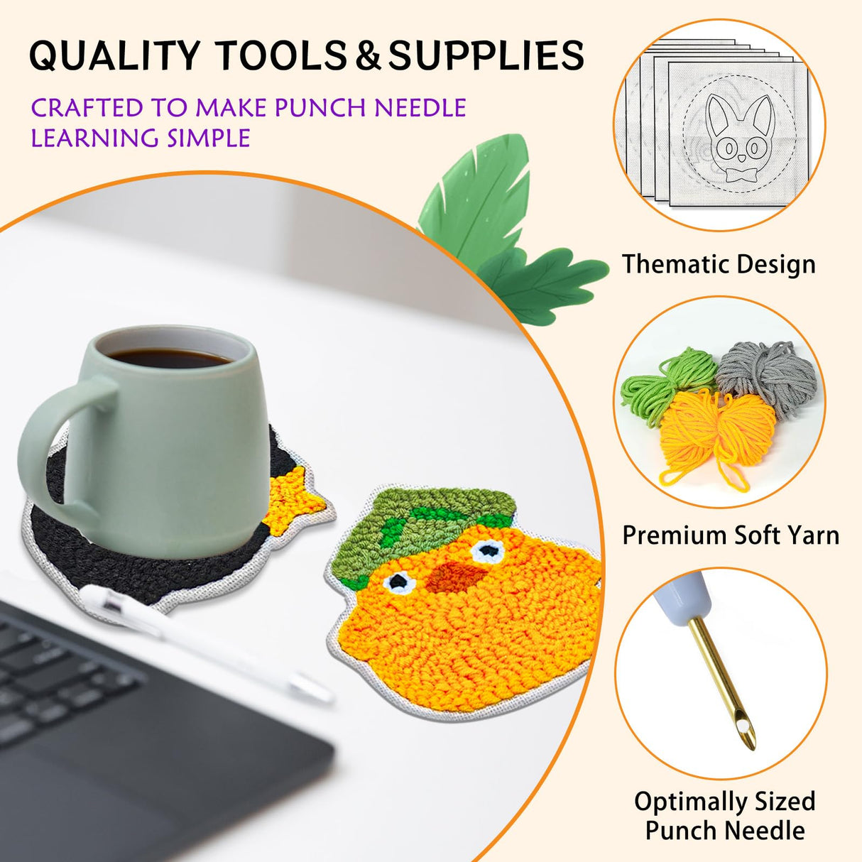 PUNICA Punch Needle Kit for Beginners, Kids & Adults Coaster Set of 6, Easy DIY Embroidery Set Starter Craft Gift with Cute Cartoon Decoration PUNICA