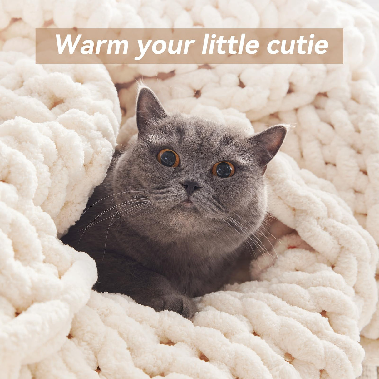 Negwoo Chunky Knit Throw Blanket, 50''*60'' Knitted Throw Chenille Yarn for Bed Couch, Handmade Cream Crochet Big Thick Blanket, Machine Washable Cute Comfy Blanket for Home Decor Negwoo