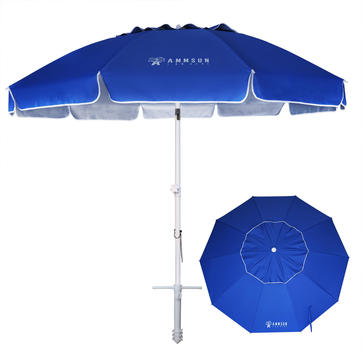 AMMSUN 8 Feet Large Beach Umbrella with Sand Anchor Heavy Duty High Wind Portable Outdoor Umbrellas UPF 50+ Protection Air Vent Tilt Patio Garden Pool Blue AMMSUN