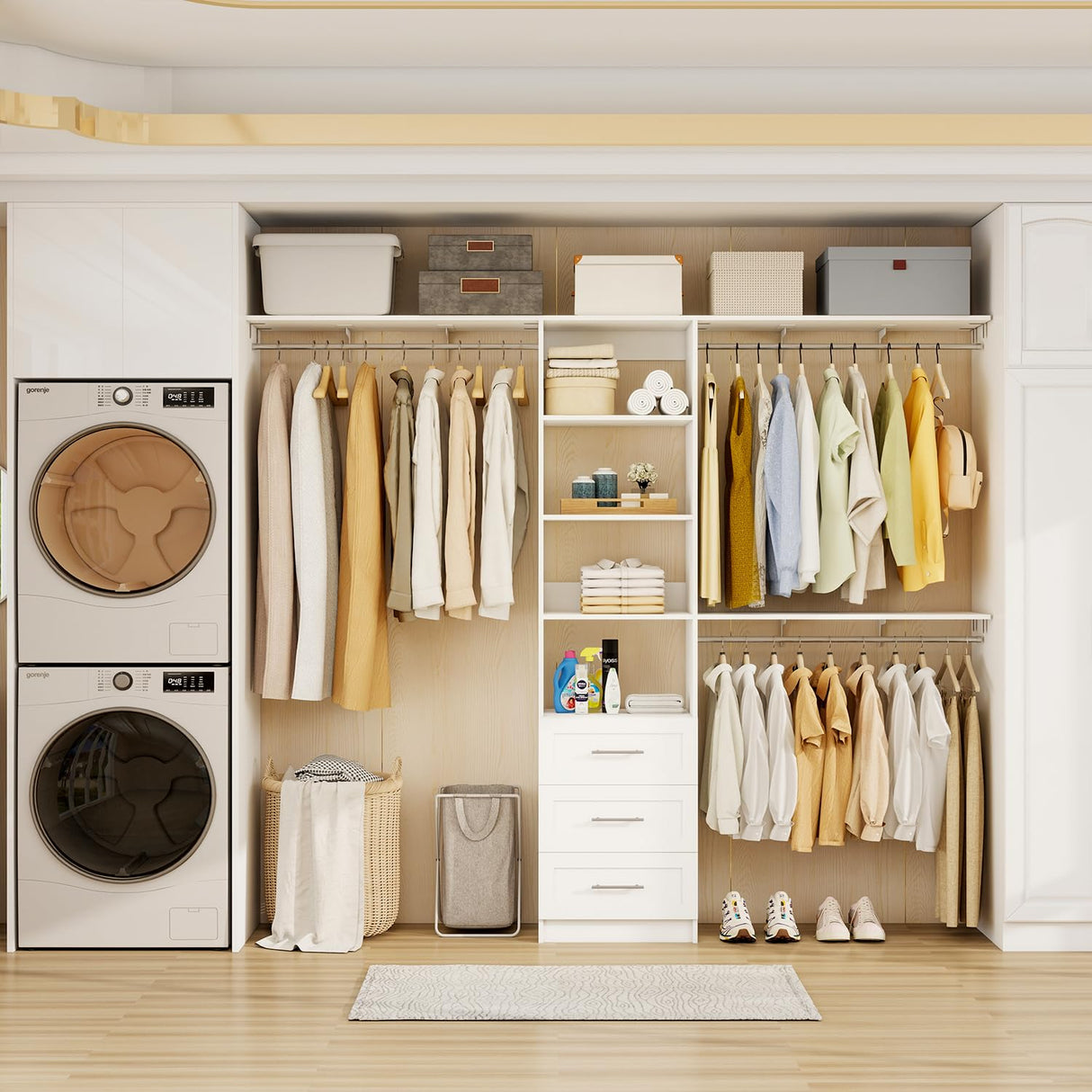 Sokiche Closet System with Drawers, 5FT-8FT Closet Organizer System with Shelves & Adjustable Hanging Rods, 96" Walk in Closet System Storage Wood, White Sokiche