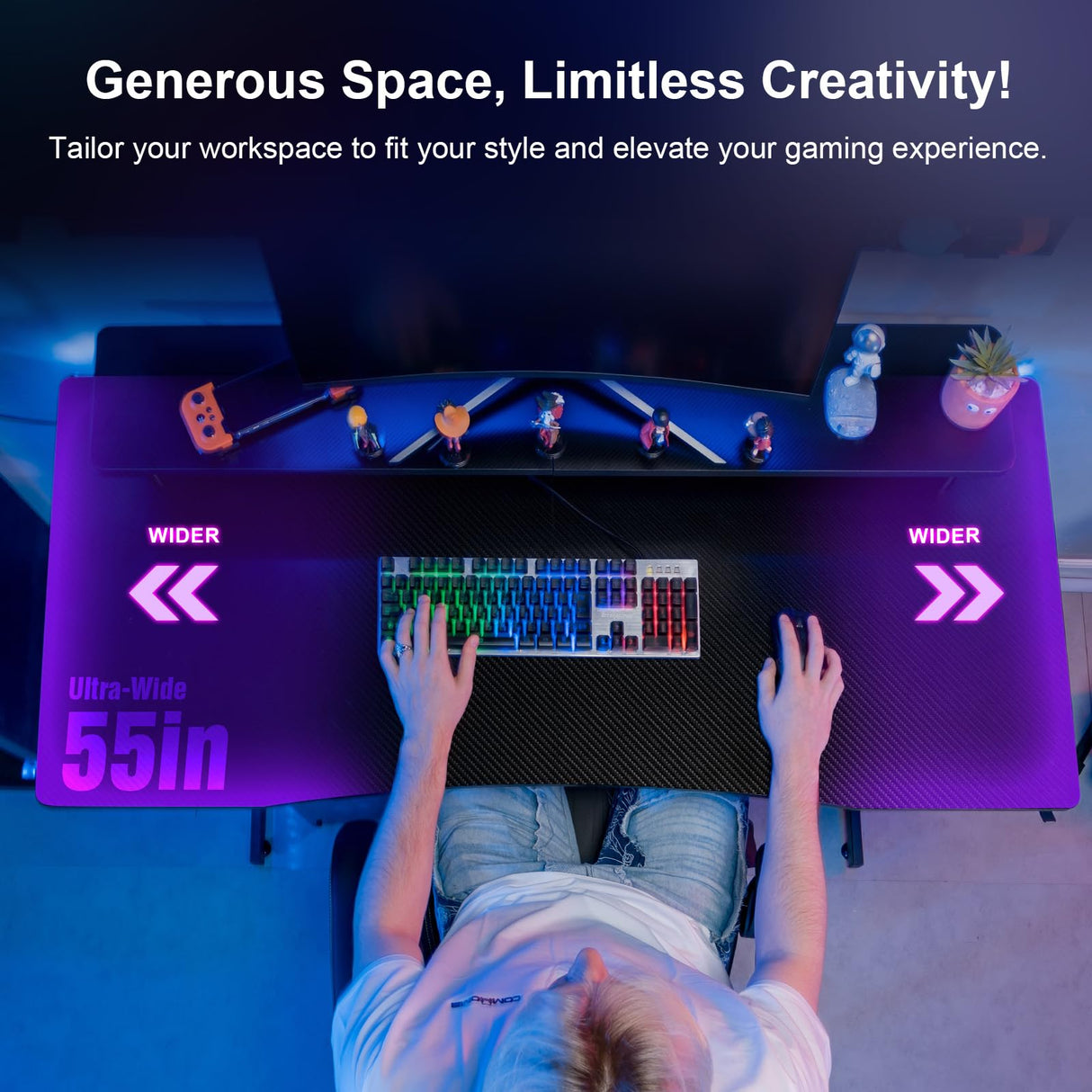 GTRACING 55 Inch Gaming Desk, Computer Gamer Desk with Monitor Stand, Ergonomic Carbon Fiber Surface Gaming Table with Power Outlet and Mouse Pad for Home Office, Colorful GTRACING