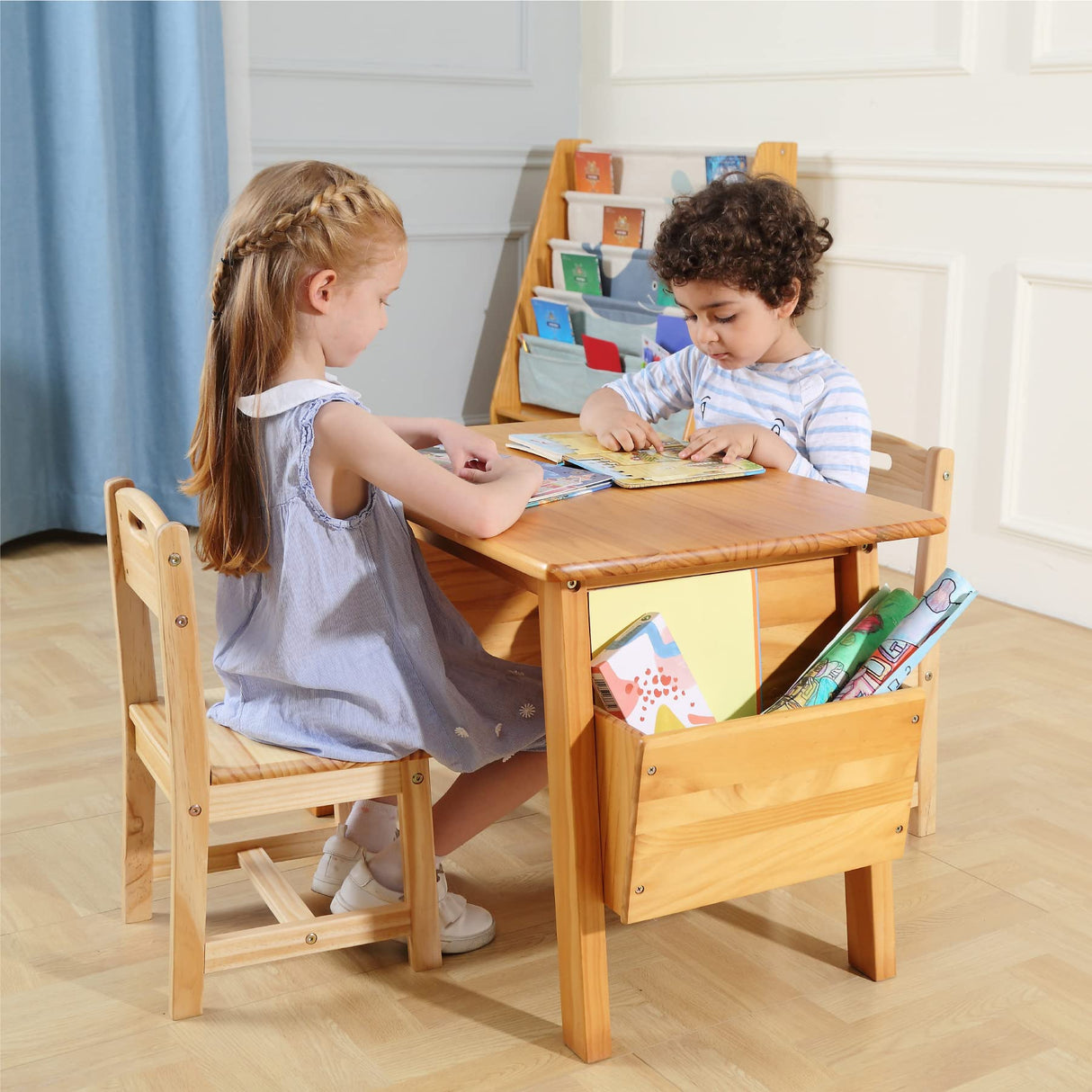 KRAND Kids Solid Wood Table and 2 Chair Set with Storage Desk and Chair Set for Children Toddler Activity Table (Solid Wood/Natural) KRAND