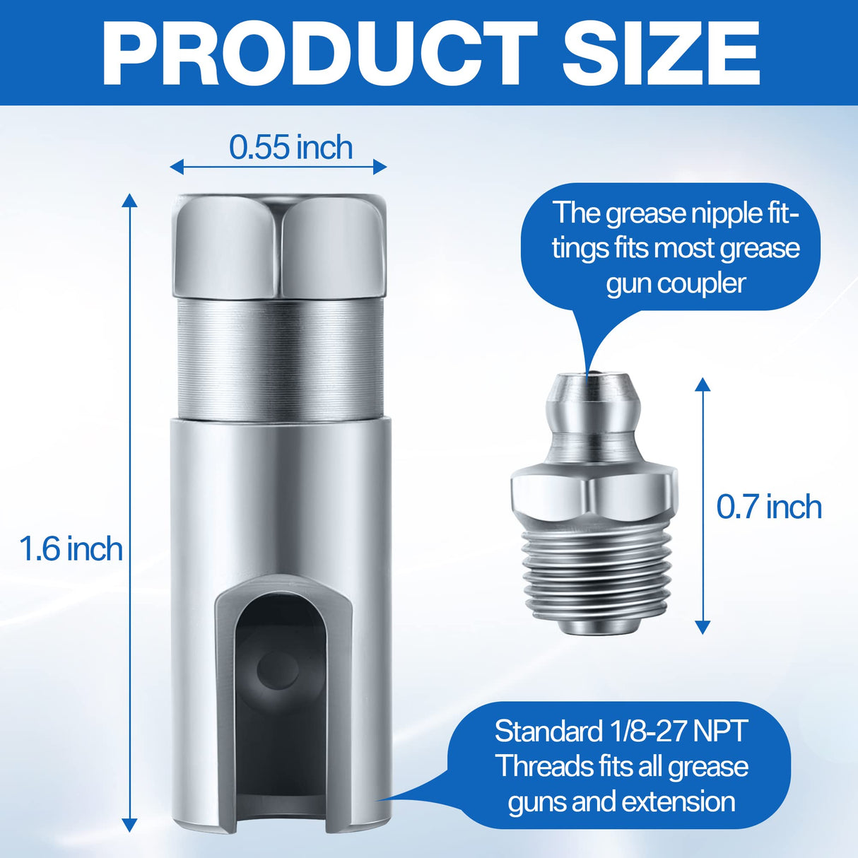 Saillong Grease Gun Coupler with 1/8 inch NPT Threads, Push on Slotted Right Angle 90 Degree Grease Coupler Fits Standard 1/8 inch NPT Grease Hoses, 2.1 Inch Length Saillong