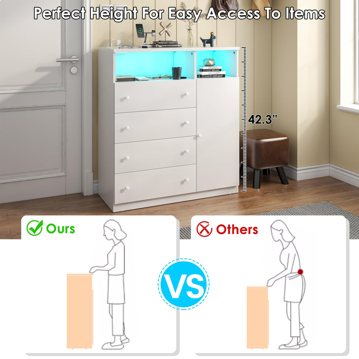 OTUTUMUS 4 Drawer Dresser for Bedroom with Charging Station & LED Light, Wood Tall Dresser with Storage Cabinet, Chest of Drawers with Open Compartments for Living Room, Closet, Hallway (White) OTUTUMUS