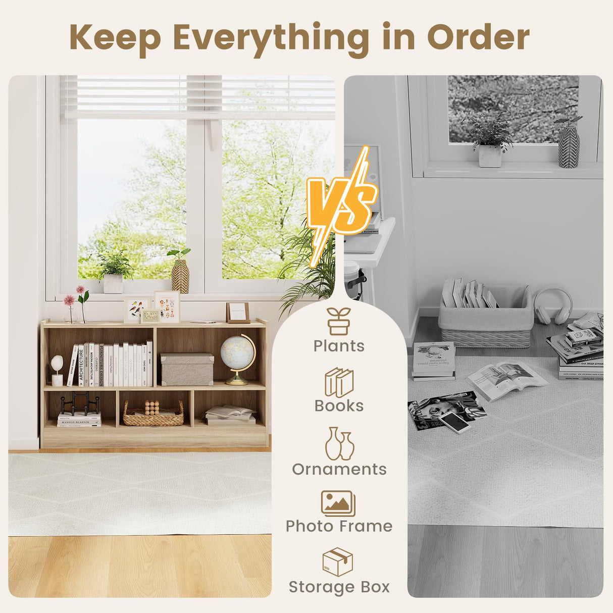 SILKYDRY 5 Cube Storage Organizer, 2-Tier Horizontal Bookshelf, Wooden Display Book Shelves for Home Office Classroom, Low Bookcase Under Window (Natural, 44” x 12” x 24”) SILKYDRY