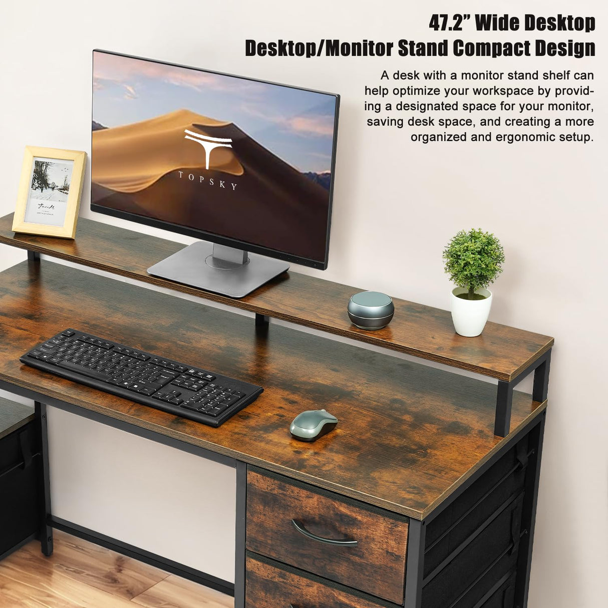 TOPSKY Compact Computer Desk with Storage Shelf/Cloth File Drawer for Letter Size/Monitor Stand Study Table for Home Office (Rustic Brown, 62.4 inch) TOPSKY
