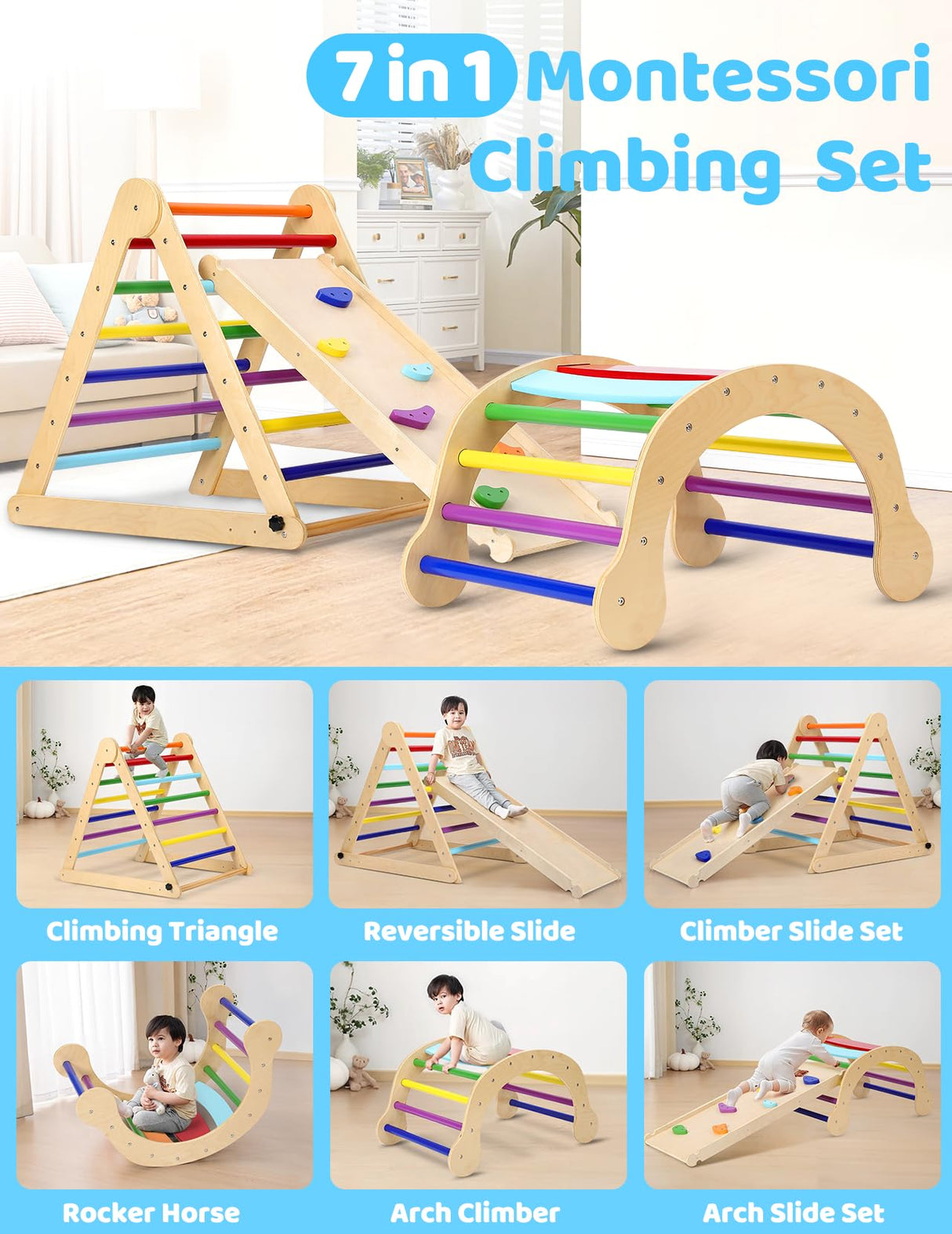 YOLEO Pikler Triangle Set, Foldable 7-in-1 Montessori Climbing Set Fun Baby Pickler-3 Piece Climbing Jungle Gym and Indoor Playground Climbing Toys for Toddlers 1-3 Inside (Rainbow, Advanced Version) YOLEO