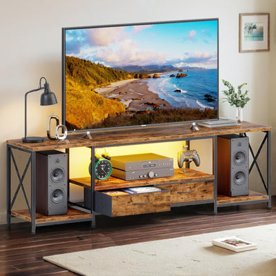 DSAFGGY LED TV Stand with Fabric Drawers, Entertainment Center for 65 70 75 Inches Television Stands with Storage Shelves for Living Room, Bedroom, TV Console Table 63" Rustic Brown