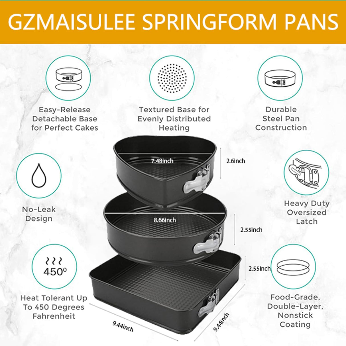 GZMAISULEE Springform Cake Pan Set of 3 (7, 8, 9 Inch) Heart Round Square Leakproof Nonstick Cheesecake Pans with Removable Bottom Carbon Steel Bakeware GZMAISULEE