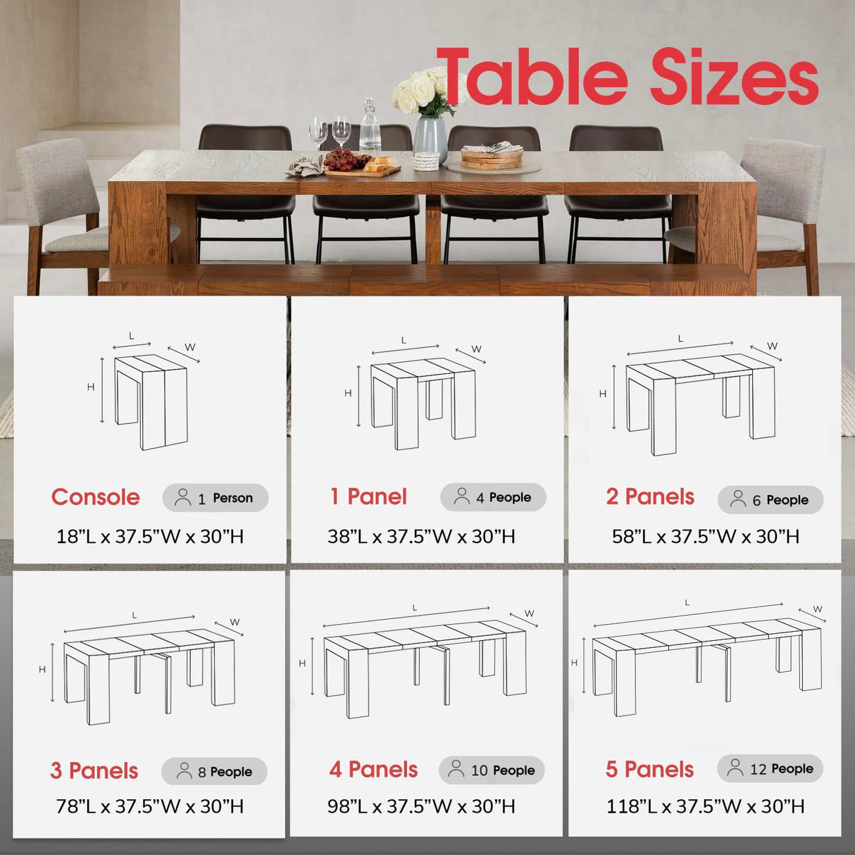 Transformer Table Dining Table Set for 4 to 12 Approved by Marie Kondo, Expandable Dining Table with 4 Dining Chairs and Extendable Bench, Brown Wood Table Set (Brown, Table + 4 Chairs + Bench) Transformer Table