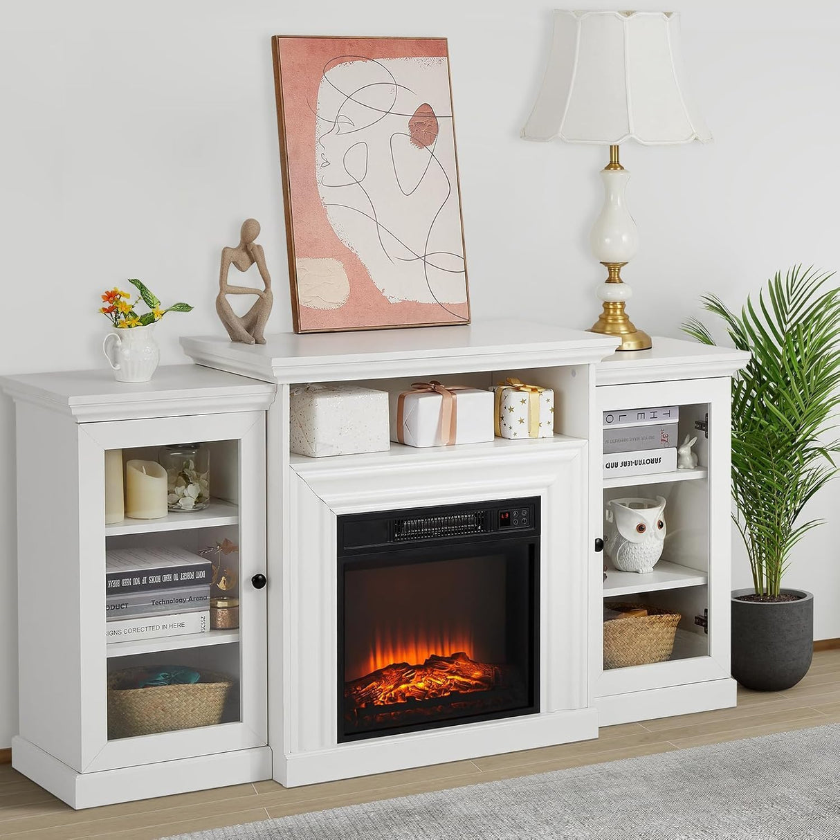 White Farmhouse Fireplace TV Stand with 3-D Real Flame Electric Fireplace for 65/75 inch TV, 31" Tall Highboy Entertainment Center, TV Console with 2 Glass Doors & Open Shelf for Living Room WARMTOBABY