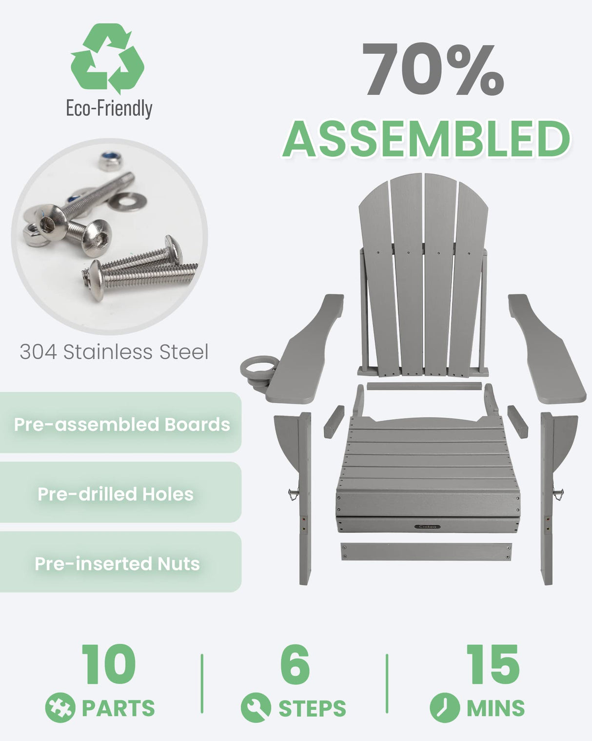 Ciokea Folding Adirondack Chair Wood Texture, Patio Chair Weather Resistant, Plastic Fire Pit Chair with Cup Holder, for Lawn Outdoor Porch Garden Backyard Deck (Grey) Ciokea