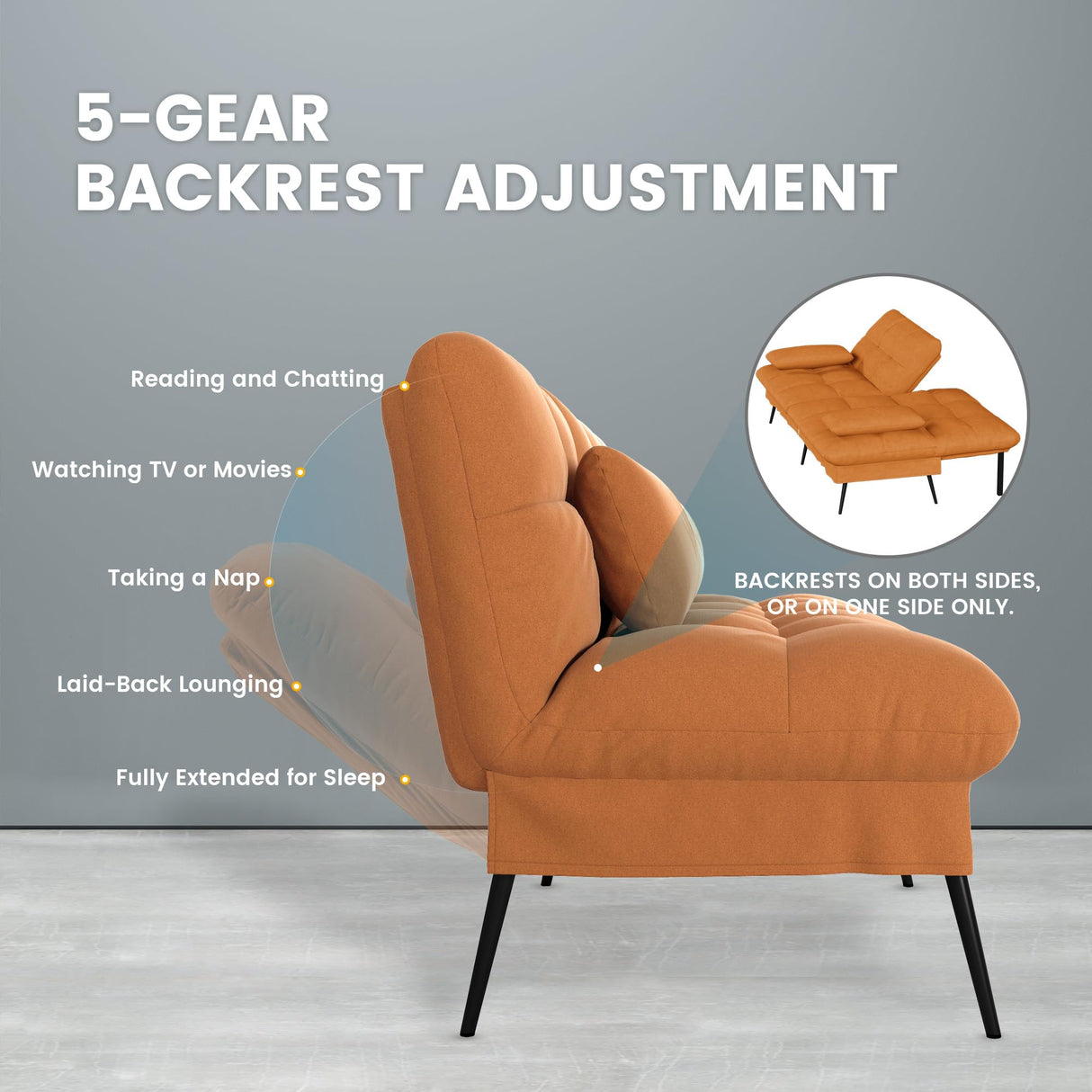 COMHOMA Convertible Futon Sofa Bed, 72″Fabric Futon Couch with Adjustable Backrest, Folding Sleeper Recliner for Living Room Furniture (Orange) COMHOMA