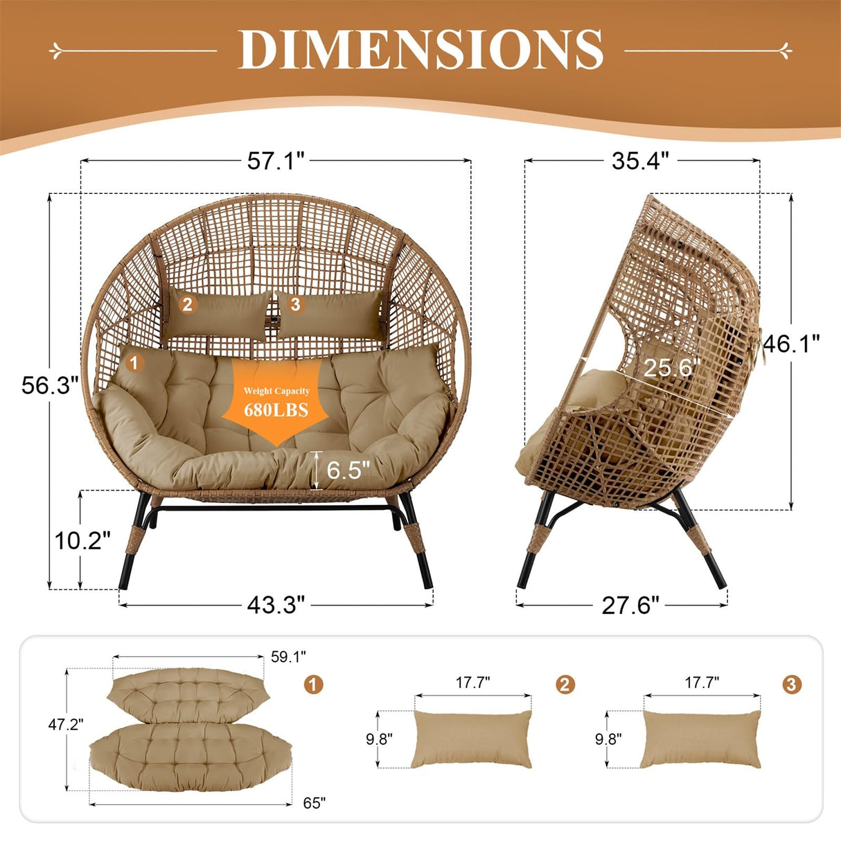 FINCATI Indoor Outdoor Double Egg Chair, 2 Person Oversized Wicker Rattan Stationary Lounge Chair with Legs, 680 lbs Loveseat Boho Egg Basket Chairs for Patio Garden Backyard Living Room Brown FINCATI