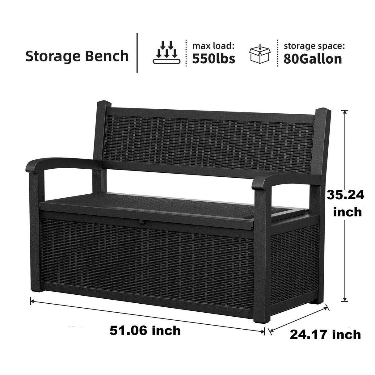 ROJIK 80 Gallon Storage Bench Deck Box Outdoor with Armrests,Storage Furniture Waterproof Lockable for Porch Patio and Garden (Black) ROJIK